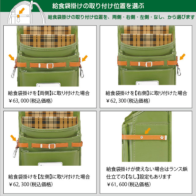 横山ランドセルのM4シリーズの給食袋掛けの位置を説明するオリーブ色のランドセル