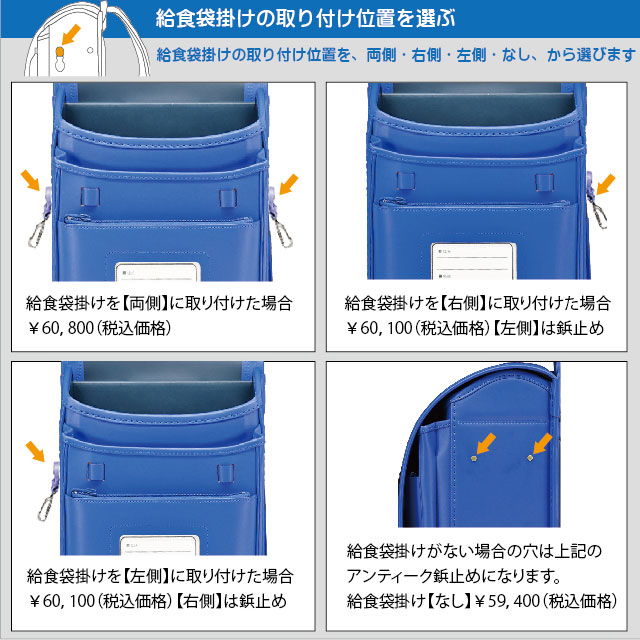 横山ランドセルのM3シリーズ青色の給食袋掛けの位置の説明