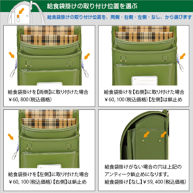 横山ランドセルのM4シリーズ、オリーブ色の給食袋掛けの位置の説明